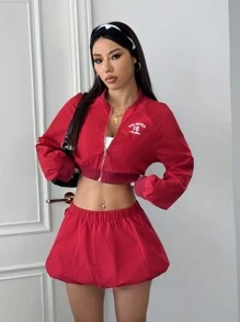 StreetHx Women's Autumn Street Style Red Letter Print Baseball Jacket & Mini Skirt 2pcs/Set, Sporty Look - Red - View 1