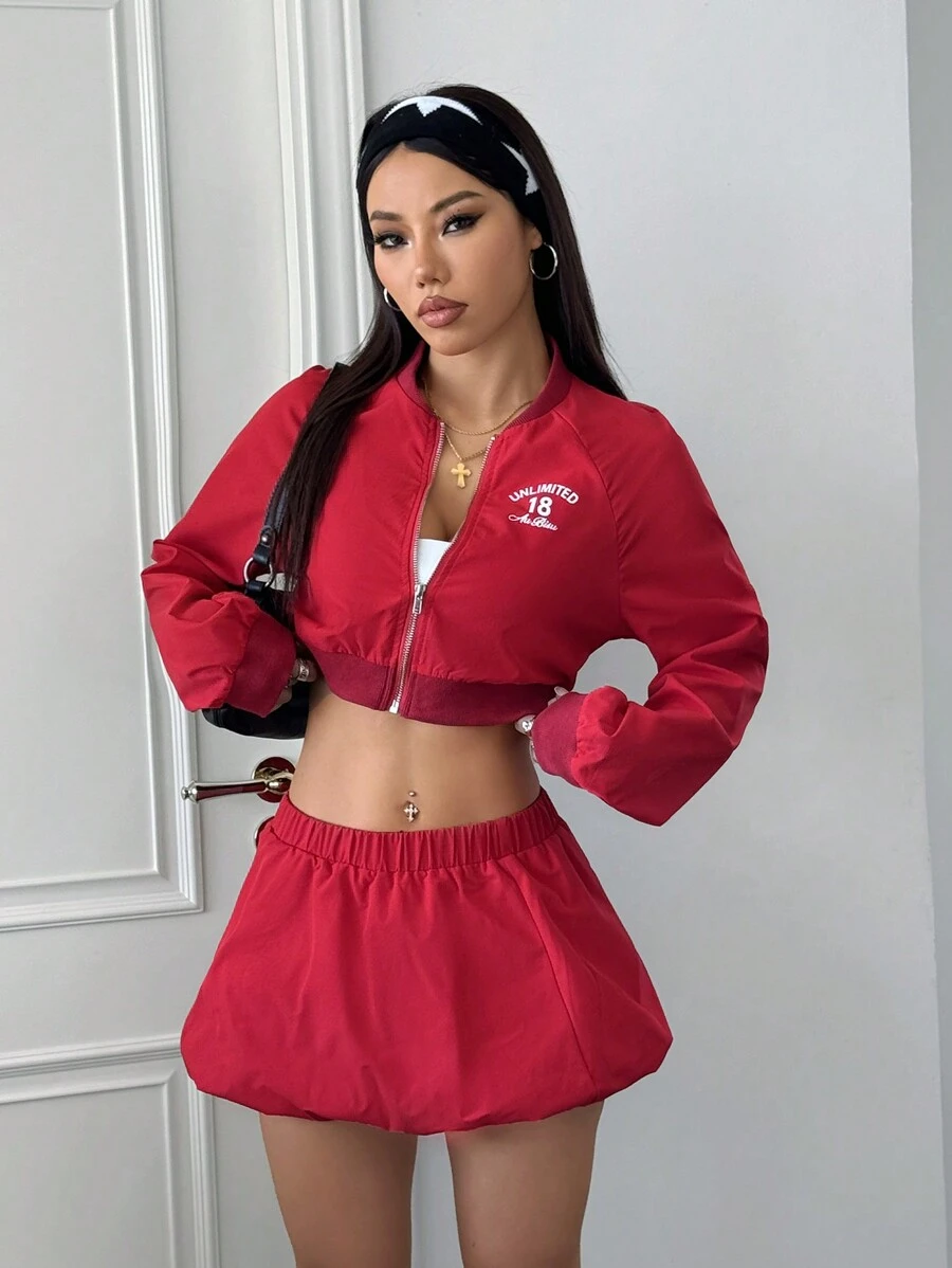 StreetHx Women's Autumn Street Style Red Letter Print Baseball Jacket & Mini Skirt 2pcs/Set, Sporty Look - Red - View 1