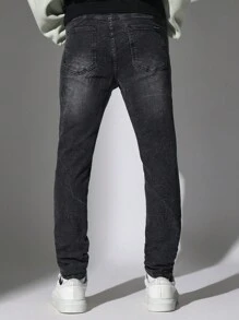 SUMWON Premium Skinny Fit Distressed Jeans, High-Performance Stretch Denim, Urban Streetwear Essential, Fall Winter Fashion, Versatile Casual Wear - Black - View 4