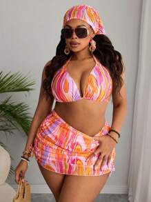 Slaydiva Plus Size Women 4pcs Set, Random Print Halter Neck & Thick Strap Triangle Bikini Set With Matching Print Drawstring Skirt & Hat Summer - Multicolor - View 5