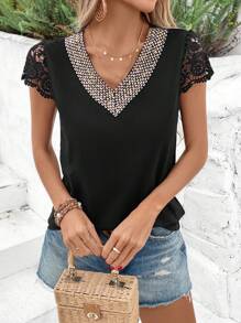 EMERY ROSE 女士 V 领提花吊带套头衫，夏季 - 黑色 - 查看 5