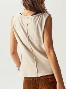 Bohemela 女士纯色针织无袖修身水洗前开襟吊带背心 - 米色 - 查看 7