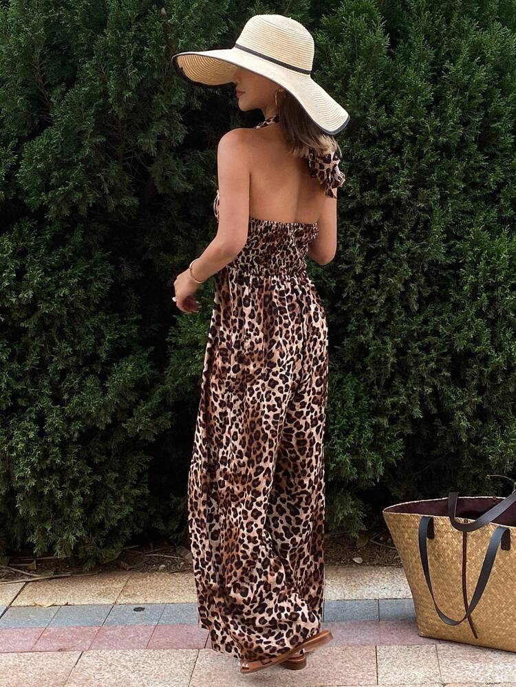 Leopard Print Halter Jumpsuit With Drawstring Bowknot , Bohemian Style For Women, Spring/Summer Vacation Cheetah Print Women Rompers