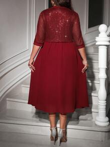Ellevyn Ensemble 2 pièces de la Saint-Valentin, grande taille. Ensemble élégant pour femme avec veste en patchwork de sequins et de mousseline, et robe rouge à encolure ronde sans manches. Ensemble pour les rendez-vous et les fêtes, vêtements de printemps - Rouge foncé - Voir 3