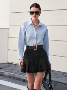 SHEIN Cottnline 女士纯色长袖抽绳休闲时尚日常服装 - 黑色 - 查看 4