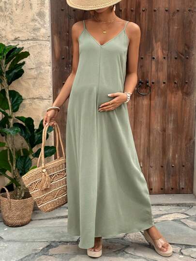 SHEIN Vestido de embarazo de unicolor, informal, con tirantes delgados y tirantes largos de espagueti