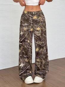 SHEIN EZwear Women's Loose Casual Wide Leg Pants With Branch Print