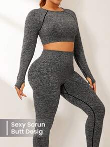 Easithlete Women Plus Size Seamless Athletic Long Sleeve Top And Leggings Set, For Winter - Grey - View 4