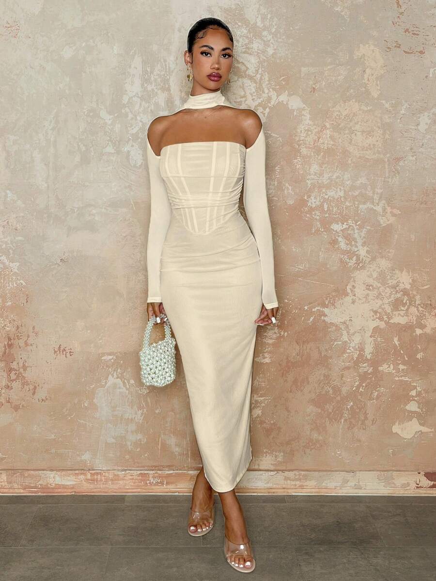 SHEIN BAE Elegant Women Strapless/Long Sleeve/White/Long Style Scalloped Hem Dress, Autumn Clothing,Valentine's Day,Valentine Outfits For Women - Apricot - View 1