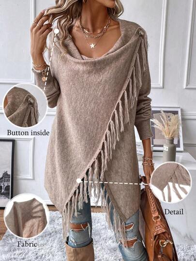Calvaya Fringe Trim Draped Collar Wrap Cardigan Asymmetrical Sweater Women Dresses Sweaterelegant Sweaterlong Sweaterlong Sleeve Sweater Fall Winter Cloth For Women