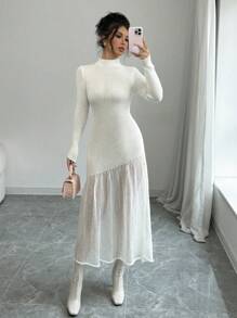 SHEIN Unity 新品女式优雅高领修身长款刺绣针织毛衣连衣裙 - 米色 - 查看 1