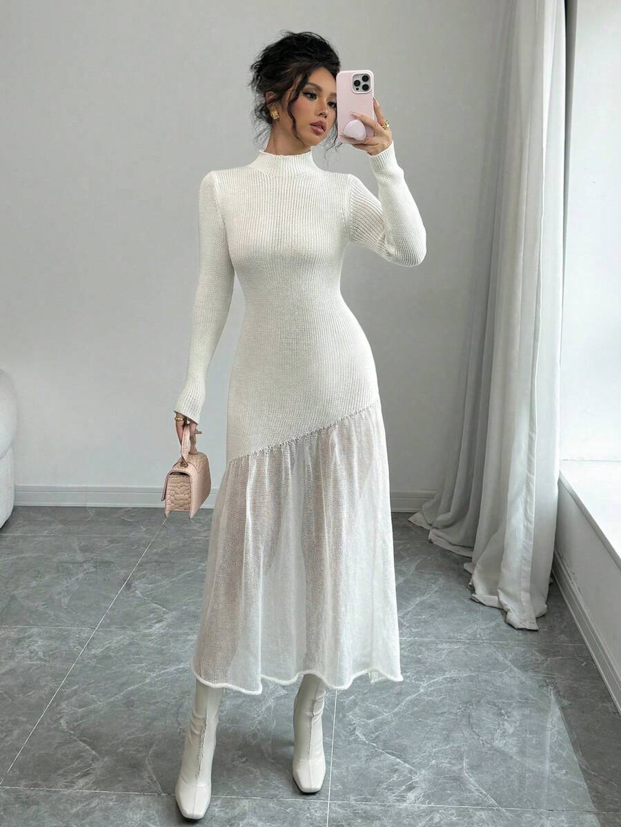 SHEIN Unity 新品女式优雅高领修身长款刺绣针织毛衣连衣裙 - 米色 - 查看 1