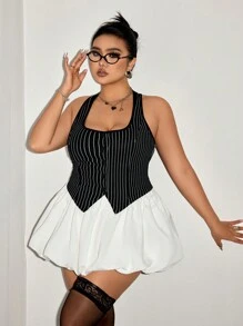 SHEIN ICON Conjunto de talla grande con top de tirantes a rayas y falda con volante en el bajo de color blanco - Blanco y Negro - Ver 3