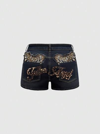 J-Fashion Y2K Style Leopard Print Wings Graphic Vintage Denim Shorts