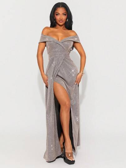 SHEIN SXY Vestido de graduación; Primavera y verano, temporada de bodas de Año Nuevo, elegante y romántico, esenciales para citas del Día de San Valentín, vestido largo de corte alto con hombros descubiertos y tela de lentejuelas gris plateado