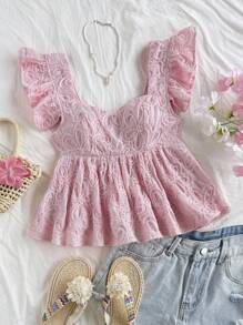 Soleia 女士浪漫粉色编织立体花卉刺绣甜心领盖袖立体荷叶拼接下摆衬衫，女士夏季，夏季上衣，度假女士，西部装女士，外出上衣女士，可爱上衣，音乐会女士，波西米亚风，狂欢节 - 粉色 - 查看 1