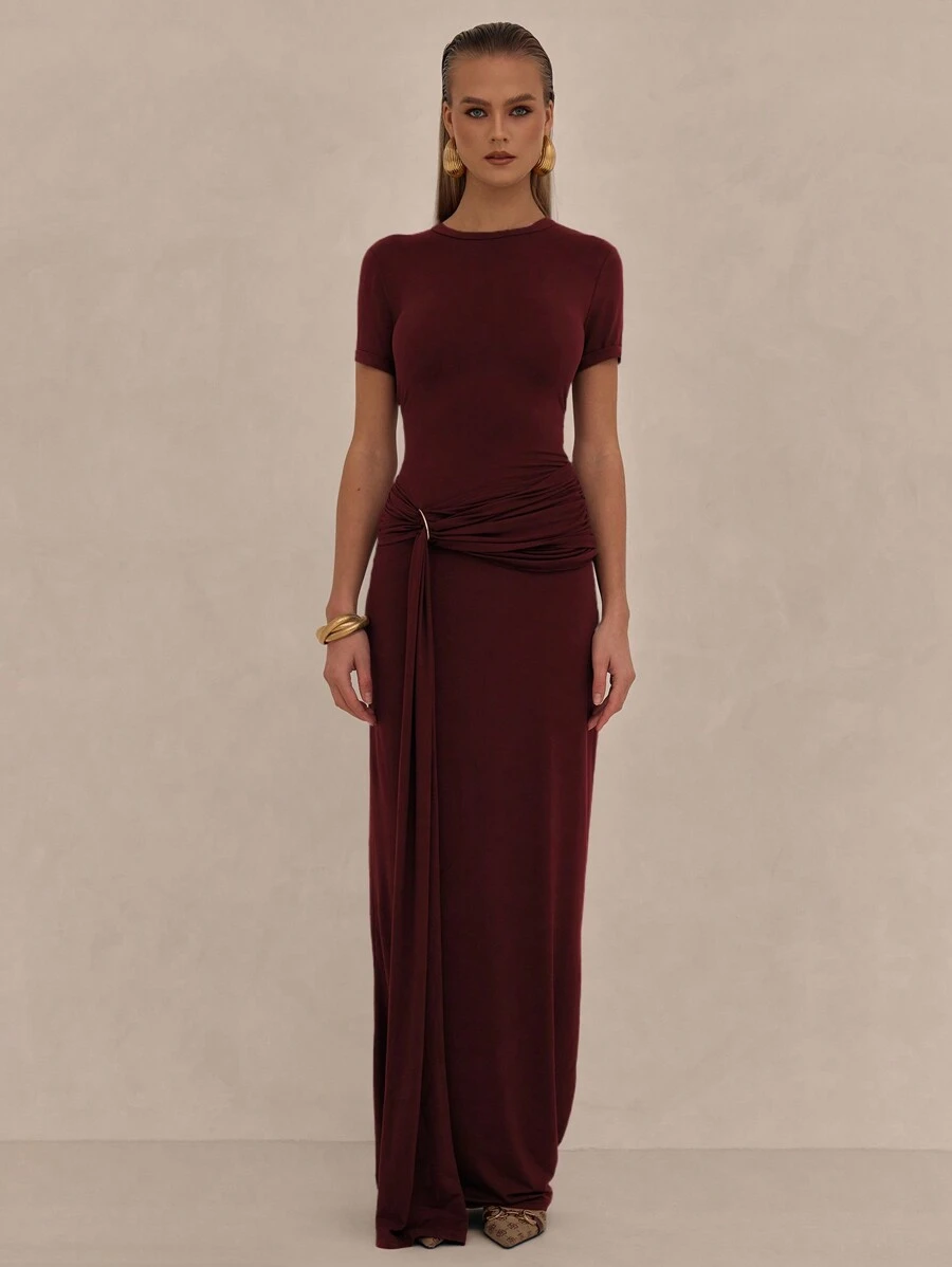 MUSERA Draped Front Ruched Maxi Dress Elegant Cute Graduation Wedding Guest Birthday Prom Ibiza Holiday Night Out Wedding Guest Elegant Date Night Halloween Fall Winter Party Chic - Burgundy - View 1