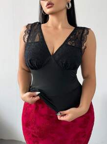 POPSWAY Plus Size Simple Lace Patchwork Casual Top, For Everyday Wear