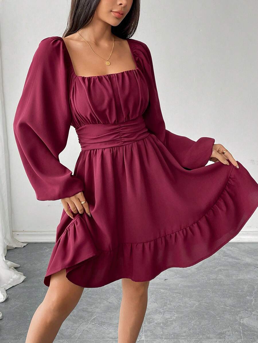 SHEIN PETITE Women's Ruched Ruffle Hem Waist Burgundy Dress Fall Cloth For Women - Red - View 1