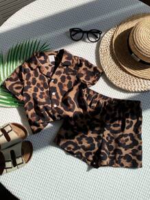 Bubblio Set de 2 piezas con chaqueta de manga corta con cuello y pantalón corto de cintura elástica con estampado de leopardo para bebé niño - Multicolor - Ver 8
