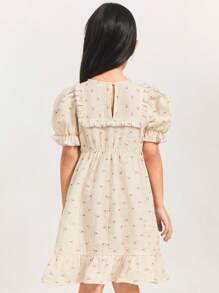 THE HAPPY LOOK Young Girls' Polka Dot Pattern Woven Fabric Round Neck Ruffle Trim Puff Sleeve Gathered Waist Flared Hem Color Block Dresses, Pastoral Style