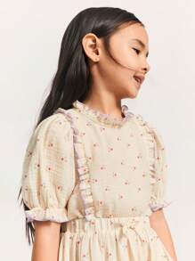 SHEIN Young Girls' Ruffled Collar Puff Sleeve Loose Polka Dot Printed Beige Blouse, Nature Inspired, Spring - Beige - View 4