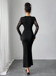 Modelyn Vestido midi elegante de manga larga con contraste de encaje calado y bajo de cola de pez para mujer