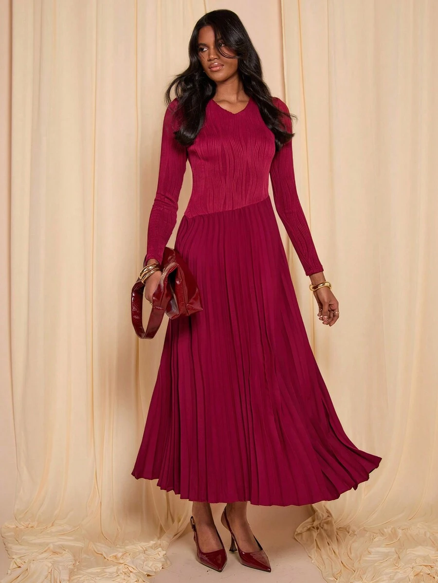 COSMINA 栗色女士提花不对称长款针织连衣裙 - 酒紅色 - 查看 1