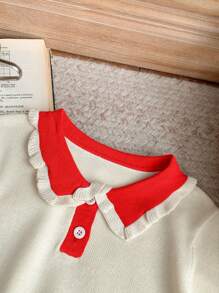 SHEIN Young Girls Red Fitted Polo Neck Sweater, Autumn/Winter - Beige - View 3