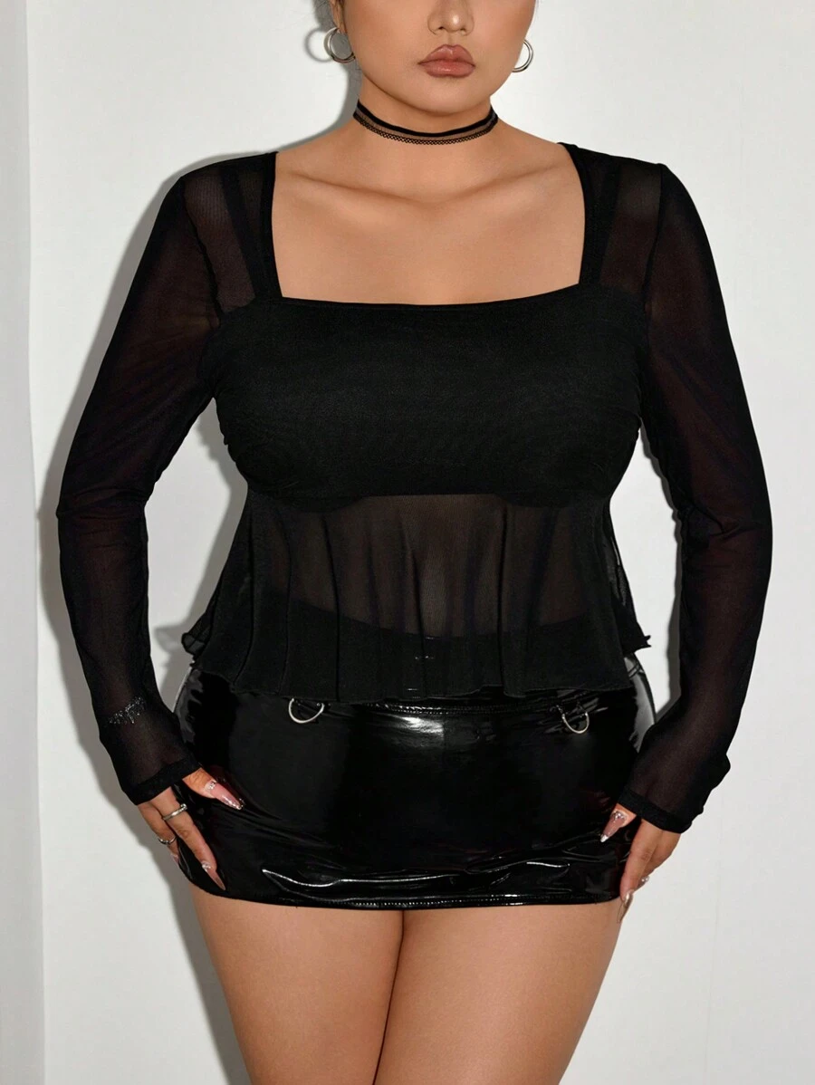 SHEIN ICON Plus Size Black Square Neck Mesh Babydoll Long Sleeve Knit Top - Black - View 1