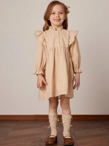 PrepCrw Vestido holgado de manga con volantes de color caqui para niñas, para primavera/verano - Amarillo - Ver 3