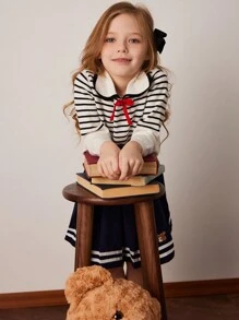 PrepCrw Young Girls Nautical Style Fitted Ribbed Knit Collared Sweater, Spring/Summer - Multicolor - View 1