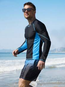 Zalmeno 2 件套男士拼色圆领长袖上衣和短裤泳装套装男士泳裤，夏威夷风 - 藍色 - 查看 3