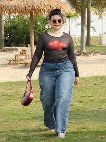 SHEIN EZwear Plus Size Women's Floral Print See-Through Blouse, Vacation Style, Spring - Multicolor - View 4