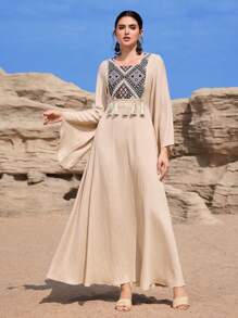 Al Najma Váy dài tay rộng rãi phong cách Ả Rập chắp vá hình học dành cho nữ, Kaftan & Jalabiya - Màu Khaki - Xem 3