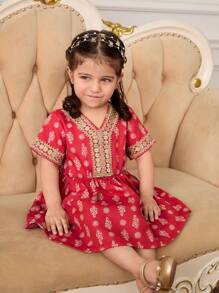 Baby Girl Infant Toddler 0-3Y Spring Summer New Luxe Vintage Palace Style Golden Polka Dot & Lace V-Neck Short Sleeve Red Dress - Red - View 4