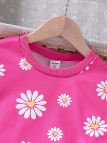 2pcs Young Girl Casual Pink Flower Short Sleeve T-Shirt & Drawstring Pants Set