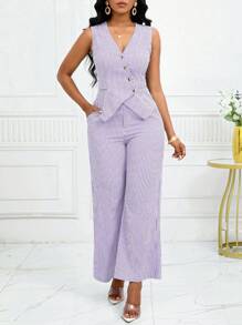 SHEIN Lady 女士条纹单排扣背心和裤子休闲套装 - 紫色 - 查看 6