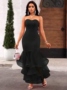 SHEIN Lady Đầm dài không dây lưới tương phản màu đen dành cho nữ - màu đen - Xem 5