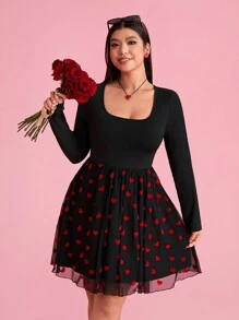 SHEIN EZwear فستان بطبقات قلب الشبك مقاس كبير، فستان رومانسي لعيد الحب من قطعتين بتصميم باتشوورك - متعدد الألوان - مشاهدة 6