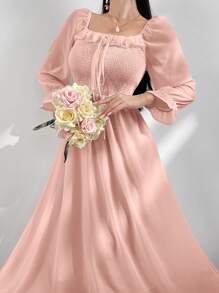 Modelyn Solid Color Strapless Wrap Front Midi Dress Maxi Women Outfit - Pink - View 1