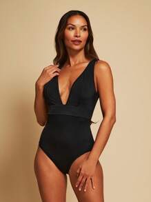 TryMe Elegant Solid Deep V-Neck Backless Bodysuit For Women - Black - View 3