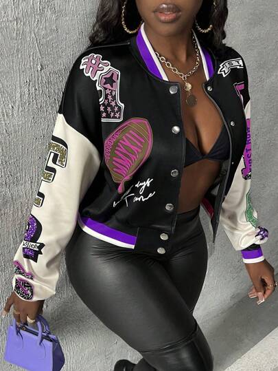 Slaydiva 秋冬款字母印花空气层露肩条纹饰边拼色校队夹克