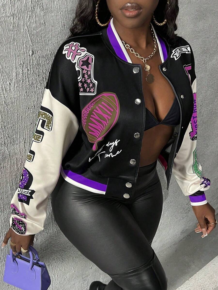 Slaydiva Monogram Logo Print Air Layer Off-Shoulder Striped Trim Colorblock Varsity Jacket In Fall/Winter - Purple - View 1