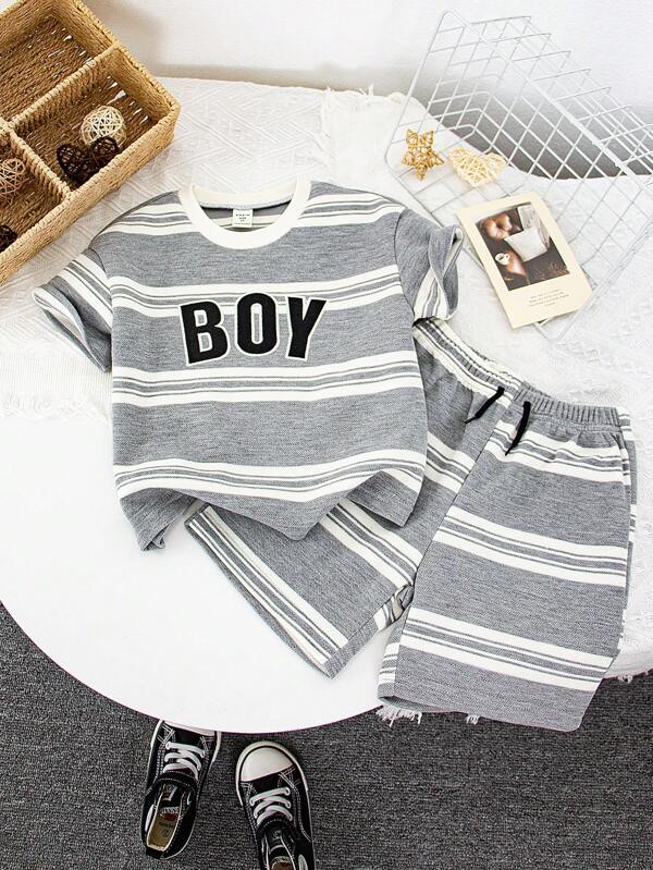 SHEIN 2pcs Boys' Black & White Striped Letter Embroidery Round Neck Drop Shoulder Short Sleeve T-Shirt And Shorts Set, Suitable For Casual Japanese/Korean Style Daily Wear In Summer