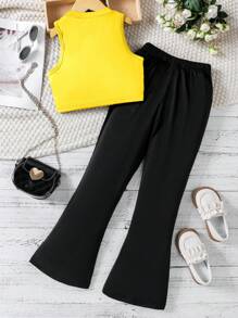 Conjunto de 2 piezas para niñas preadolescentes con top sin mangas de cuello redondo de unicolor y pantalones largos