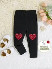 SHEIN Leap Crew Baby Girl Casual Simple Heart Patterned Long Pants Suitable For Spring And Summer - Black - View 4