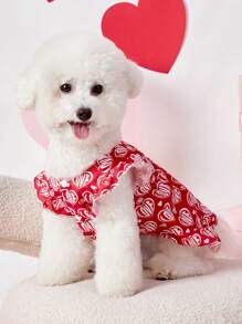PETSIN 1pc Pet Valentine's Day Red Heart & Love Pattern Print With Ruffle Trim Button Front Dress, For Gifts - Multicolor - View 3