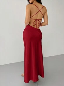 SHEIN PETITE 白色舞会礼服细肩带露背紧身垂坠领长款女式连衣裙 - 酒紅色 - 查看 4