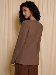 SHEIN Unity Women Plain Front Button Long Sleeve Pocket Simple Casual Jacket - Brown - View 2